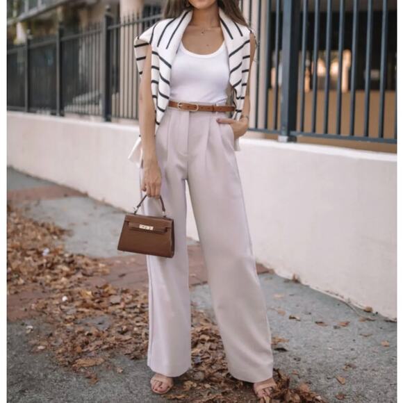 Abercrombie & Fitch Pants - ABERCROMBIE & FITCH Curve Love Sloane Tailored Pants Khaki Cream Wide Leg {R30}